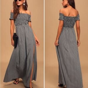 Lulus New Patsy Gingham Smocked Off the Shoulder Dress Black White Size Medium